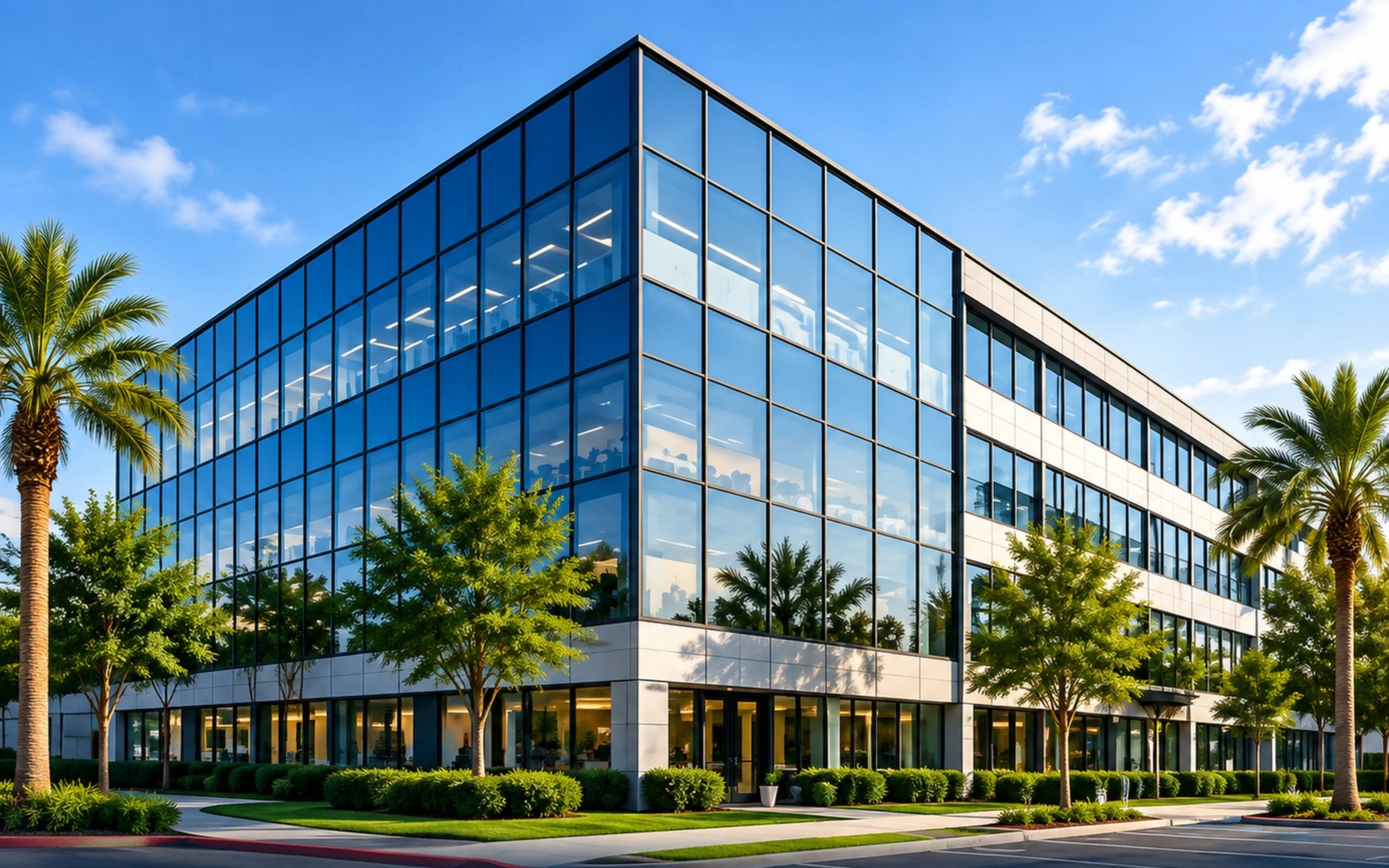 Modern office property with surrounding landscaping and parking